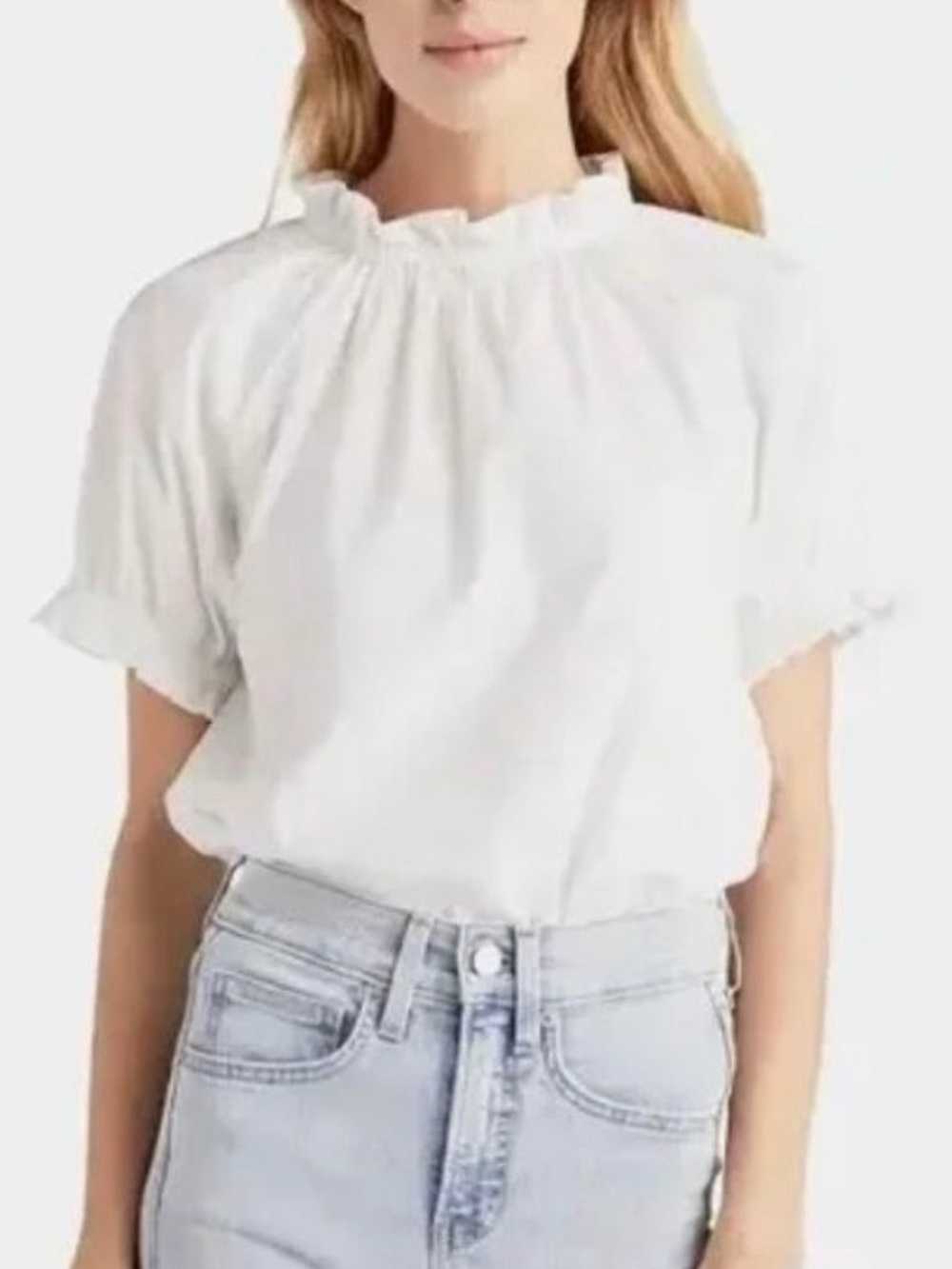 Hill House The Kit Top Poplin Short Sleeve Ruffle in White Size S